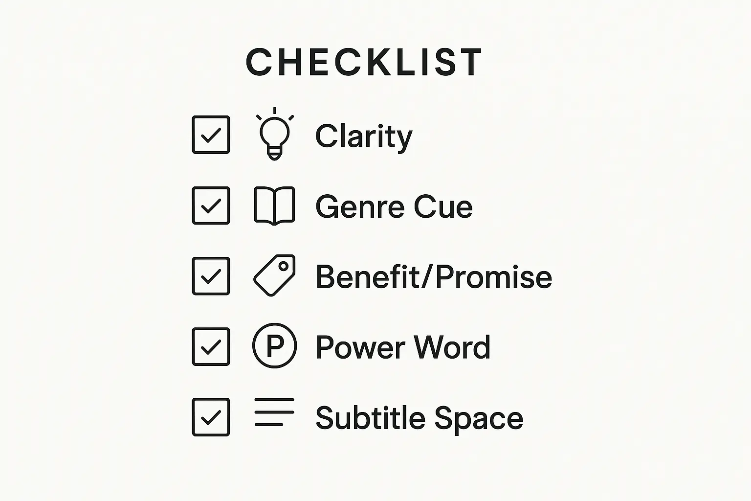 Checklist of five elements for crafting a catchy book title that sells
