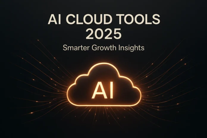 Futuristic AI cloud business tools 2025 glowing in copper light, symbolizing smarter growth insights and automation.