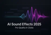 Best AI Sound Effects for Video 2025 – Pro-Quality in Clicks Futuristic AI waveform for sound effects in video editing, showing pro-quality audio design tools for 2025 creators.