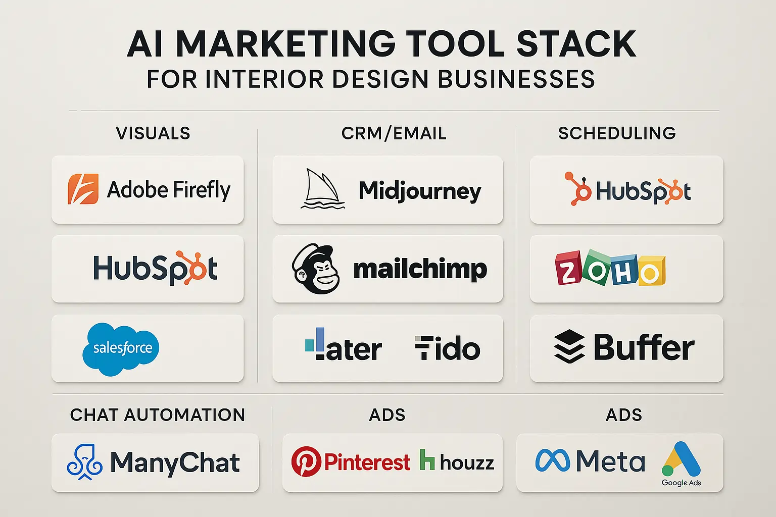 AI marketing tools stack for interior design business workflow infographic