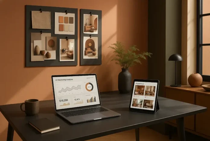 Interior design studio workspace with AI marketing dashboards and earthy terracotta and olive tones