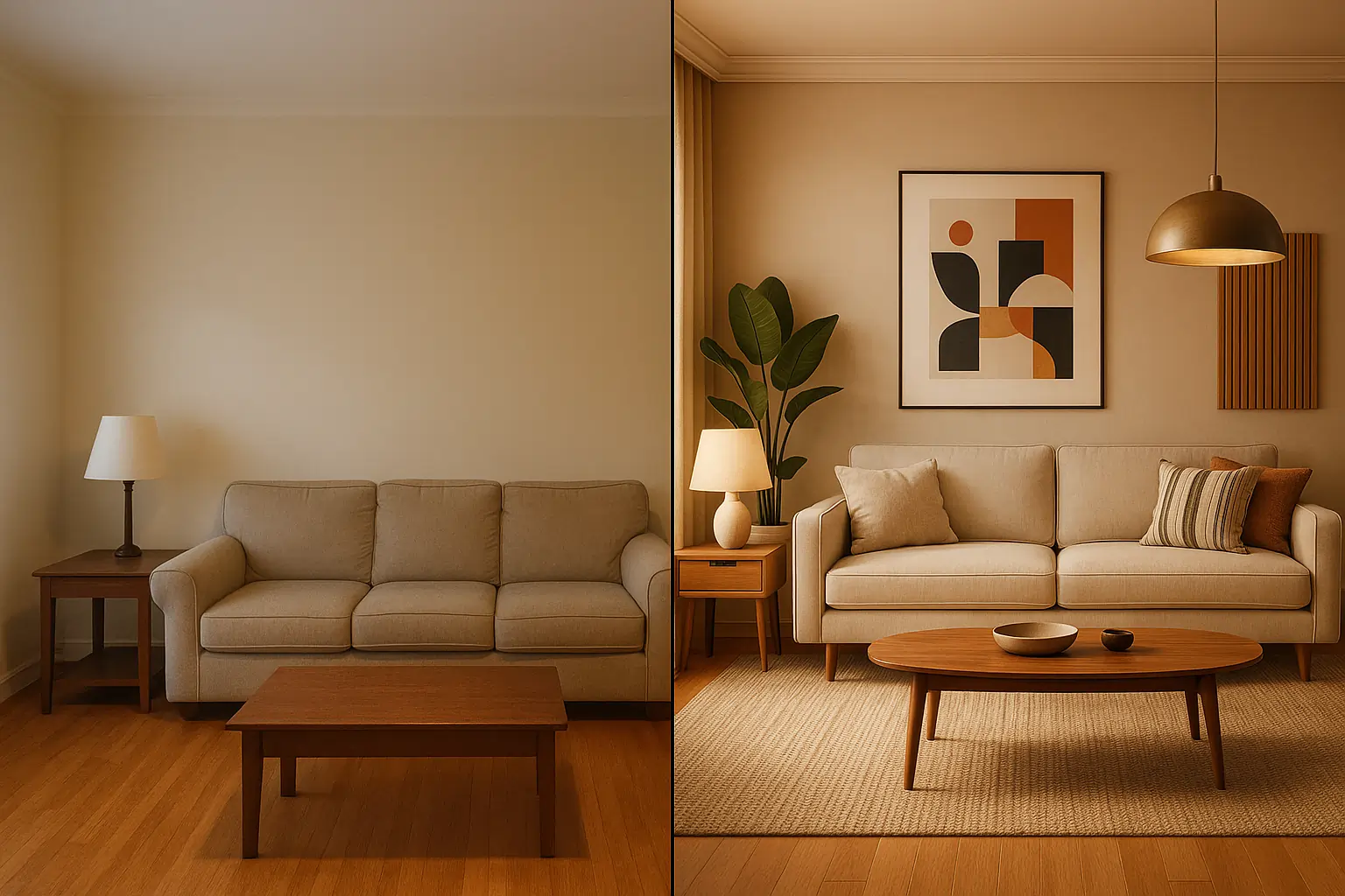 AI-generated before and after room render for interior design marketing
