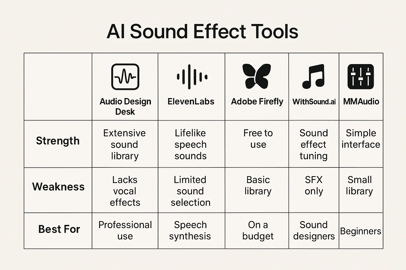 Comparison chart of AI sound effect tools with strengths and weaknesses