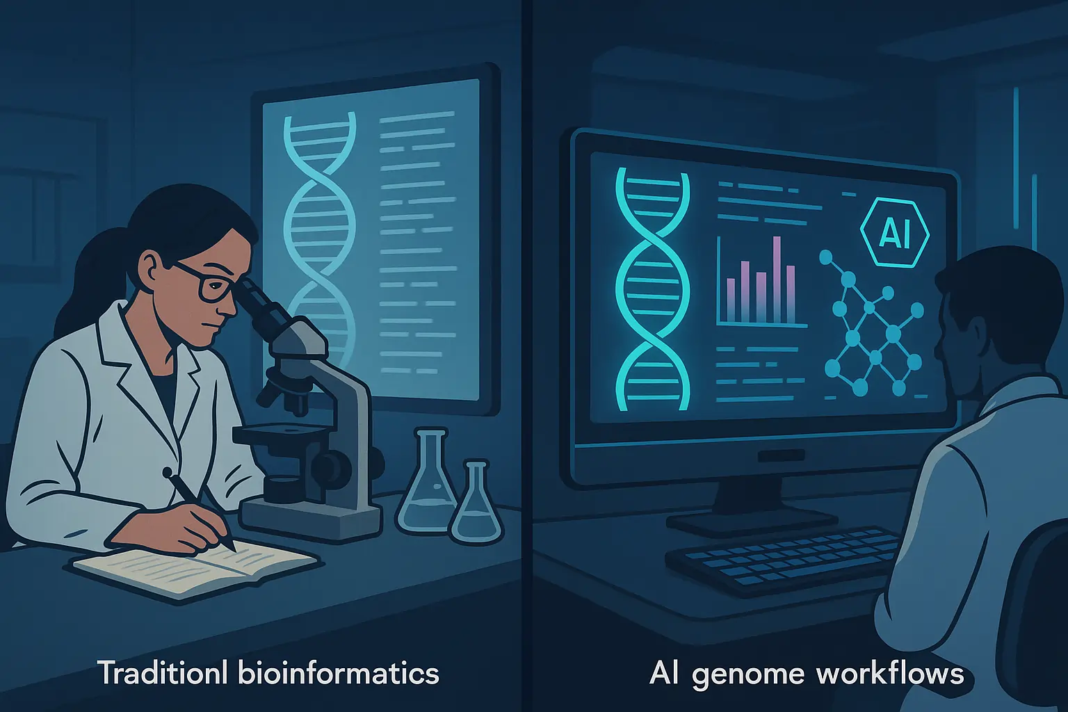 AI vs traditional bioinformatics workflow comparison in genetics research