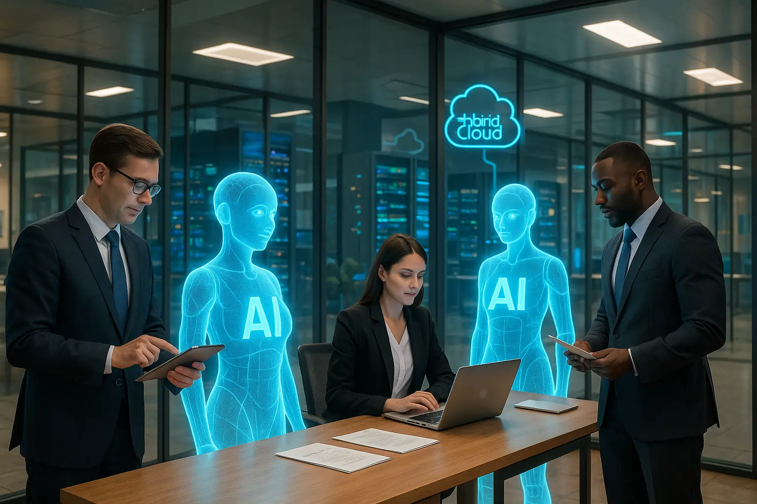 Future trends in AI cloud platforms with generative AI assistants and hybrid cloud servers.