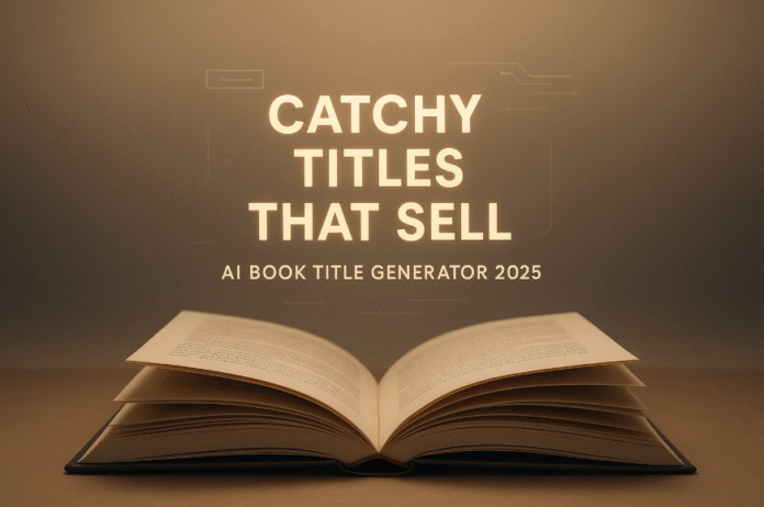 Premium hero image of AI-generated book titles glowing above an open book, symbolizing catchy titles that sell in 2025