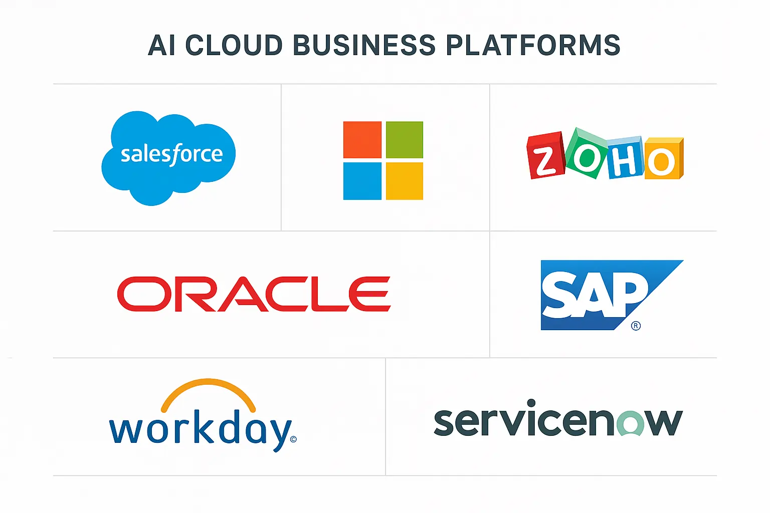 Comparison infographic of top AI cloud business platforms Salesforce, Microsoft, Zoho, Oracle, SAP, Workday, ServiceNow.
