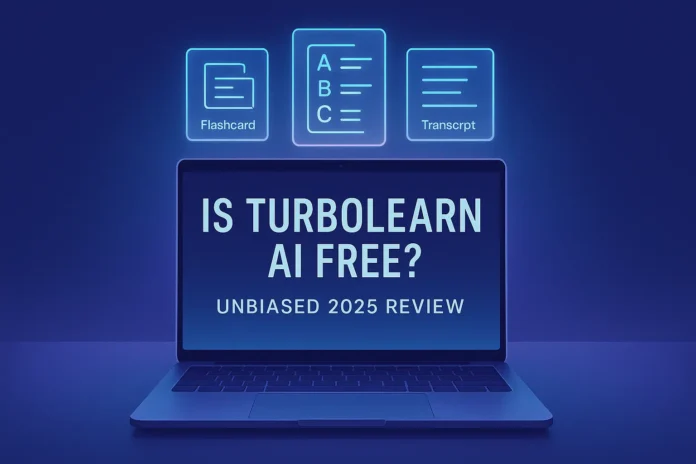 TurboLearn AI free plan 2025 review with laptop and holographic flashcards glowing in indigo and cyan tones