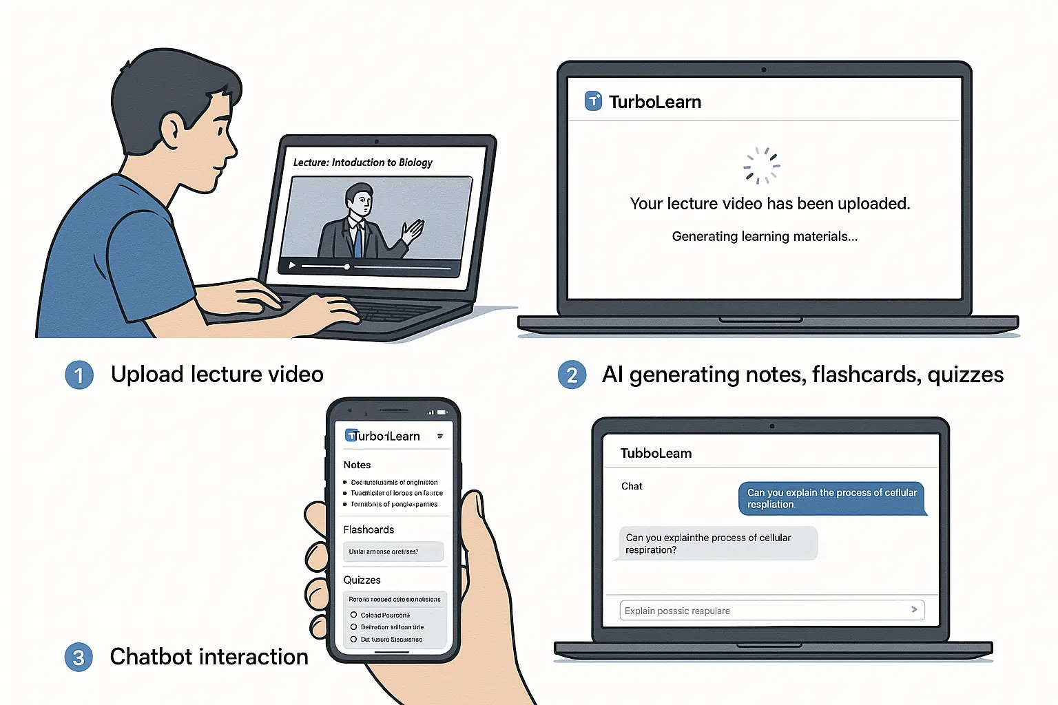 Student using TurboLearn AI free plan with workflow steps from upload to flashcards