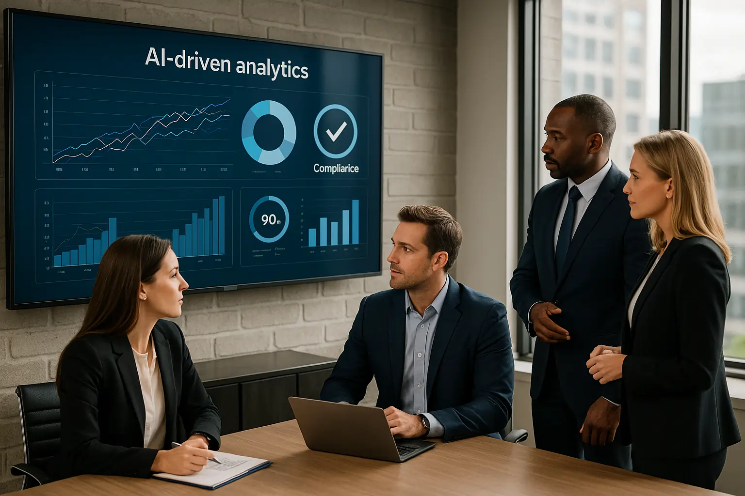 US business team analyzing AI cloud dashboard for compliance and growth insights.
