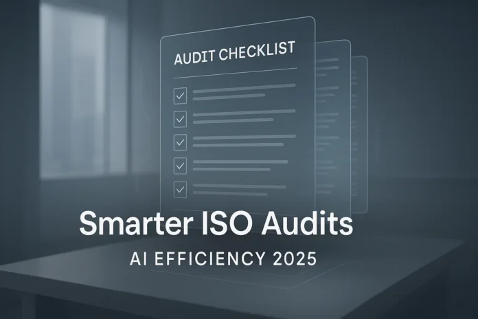 Futuristic AI ISO audit checklist hologram showing efficiency and accuracy improvements in compliance 2025