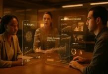 AI Insights DualMedia: Transform Your Marketing Strategy in 2025 Professional marketers using AI insights dashboards to optimize omnichannel campaigns in a futuristic workspace.