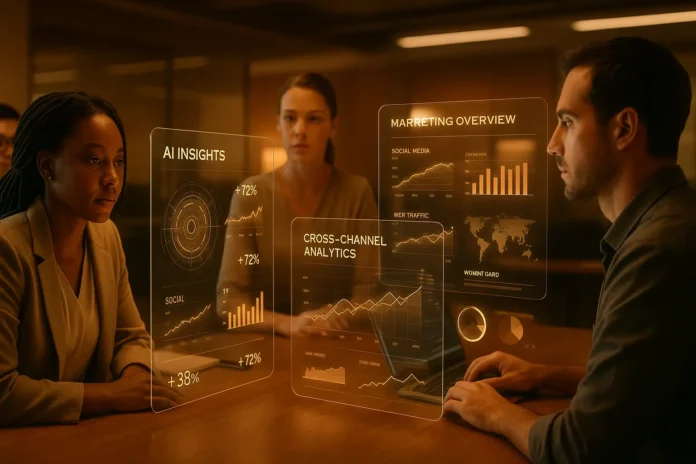 AI Insights DualMedia Command Center – Modern AI Marketing Strategy 2025 Professional marketers using AI insights dashboards to optimize omnichannel campaigns in a futuristic workspace.