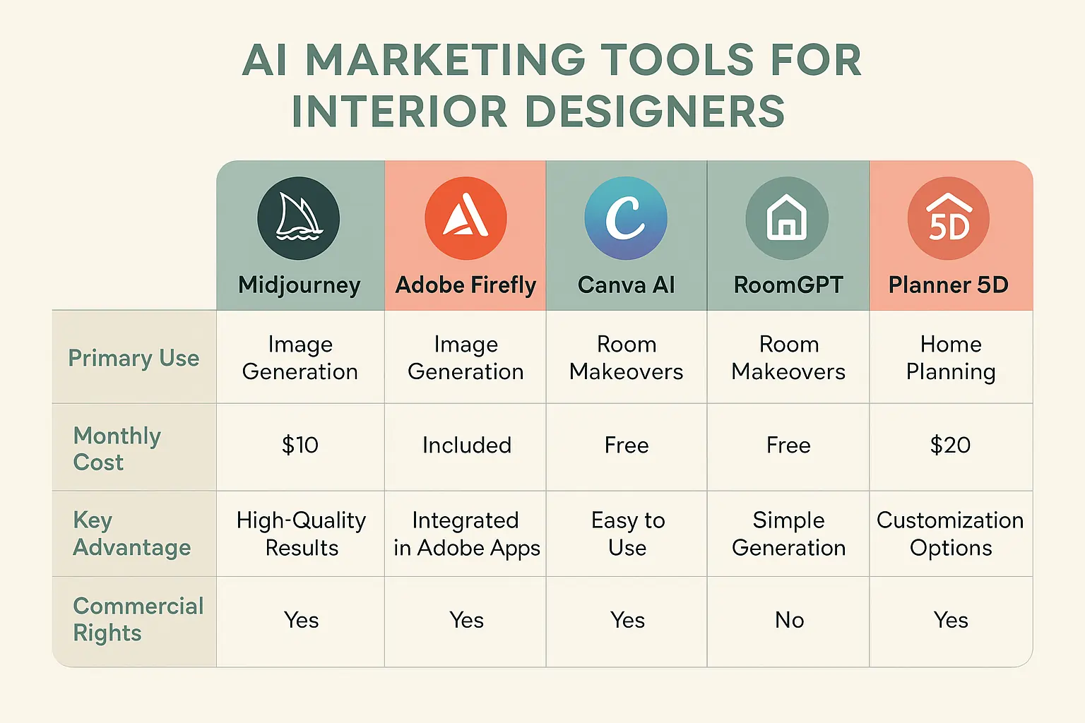 Comparison chart of AI marketing tools like Midjourney, Firefly, Canva AI for design firms