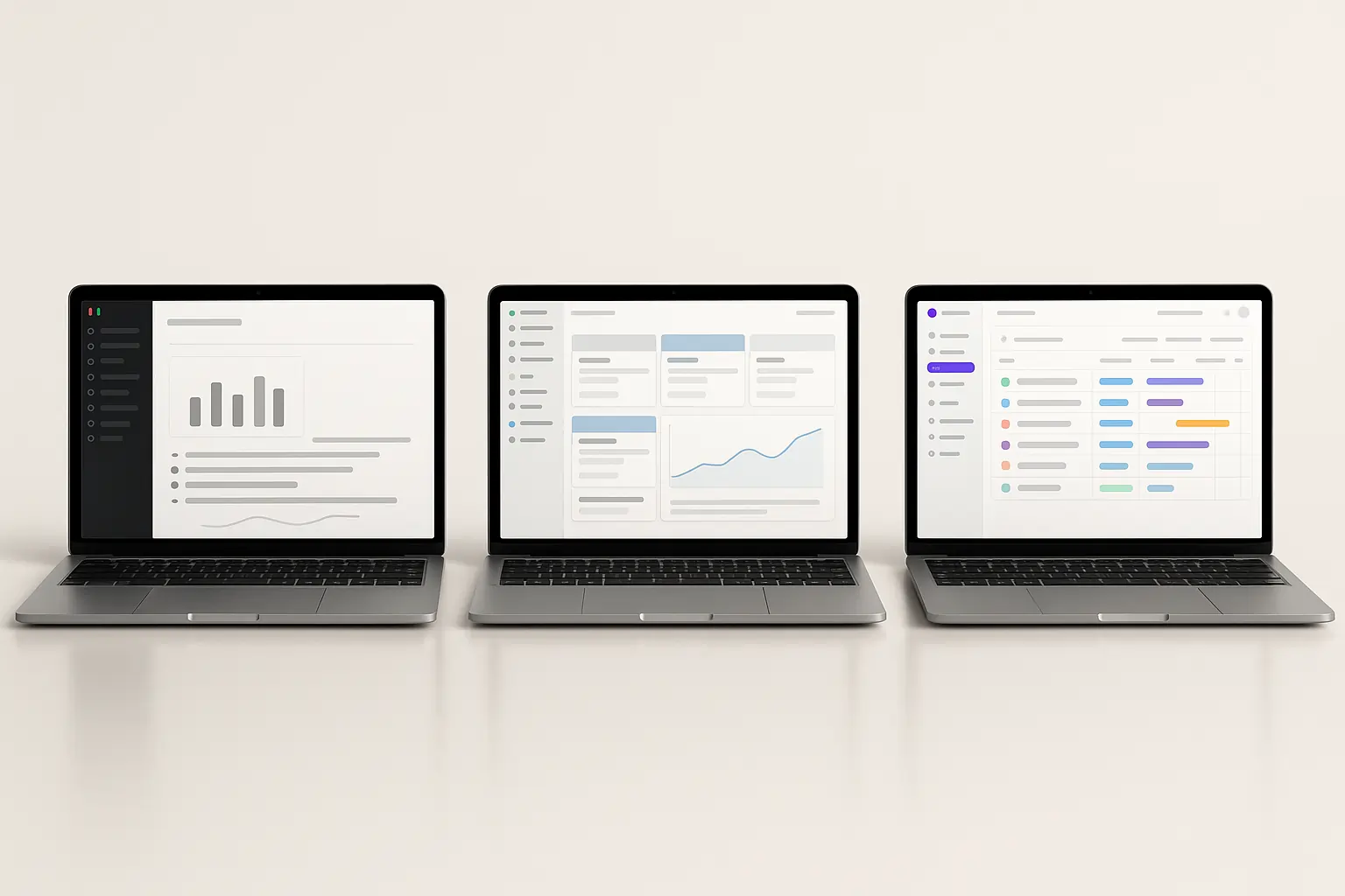 Realistic laptop screens showing AI product management tools dashboards side-by-side 
