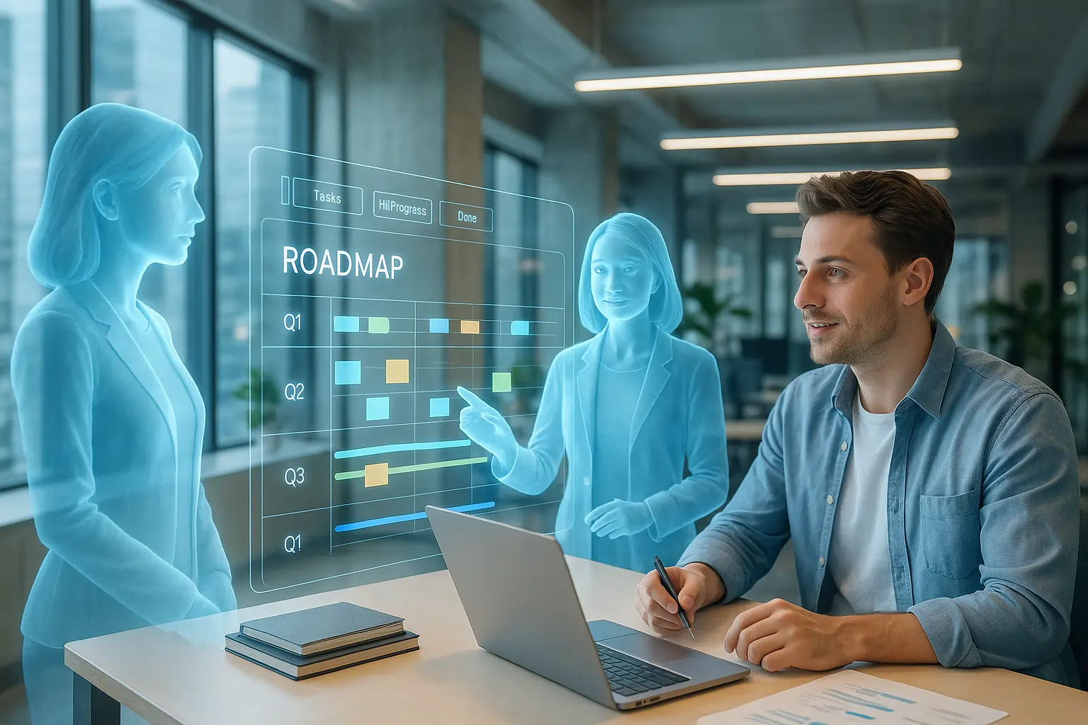 Futuristic product manager using AI assistant hologram for roadmap planning