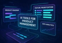 Best AI Tools for Product Managers | 2025 Comparison Guide Futuristic holographic interface showcasing AI tools for product management, with data analytics and roadmaps in neon colors.