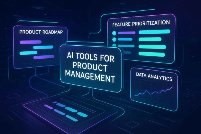 Futuristic holographic interface showcasing AI tools for product management, with data analytics and roadmaps in neon colors.
