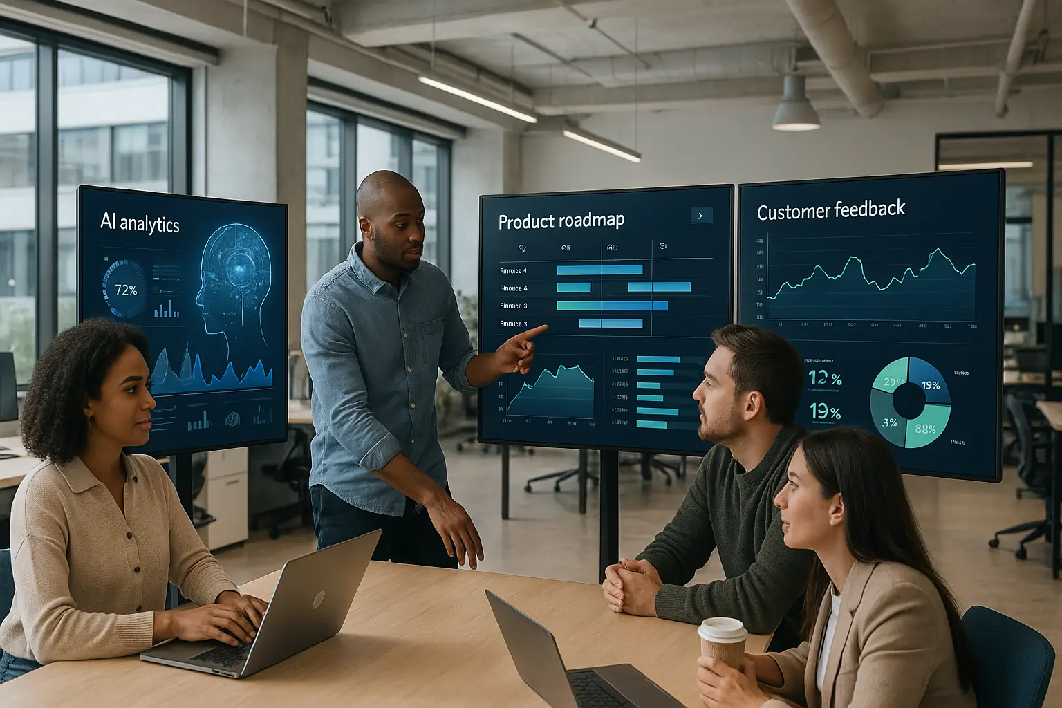 Realistic AI workspace with product managers using AI tools for roadmaps and analytics