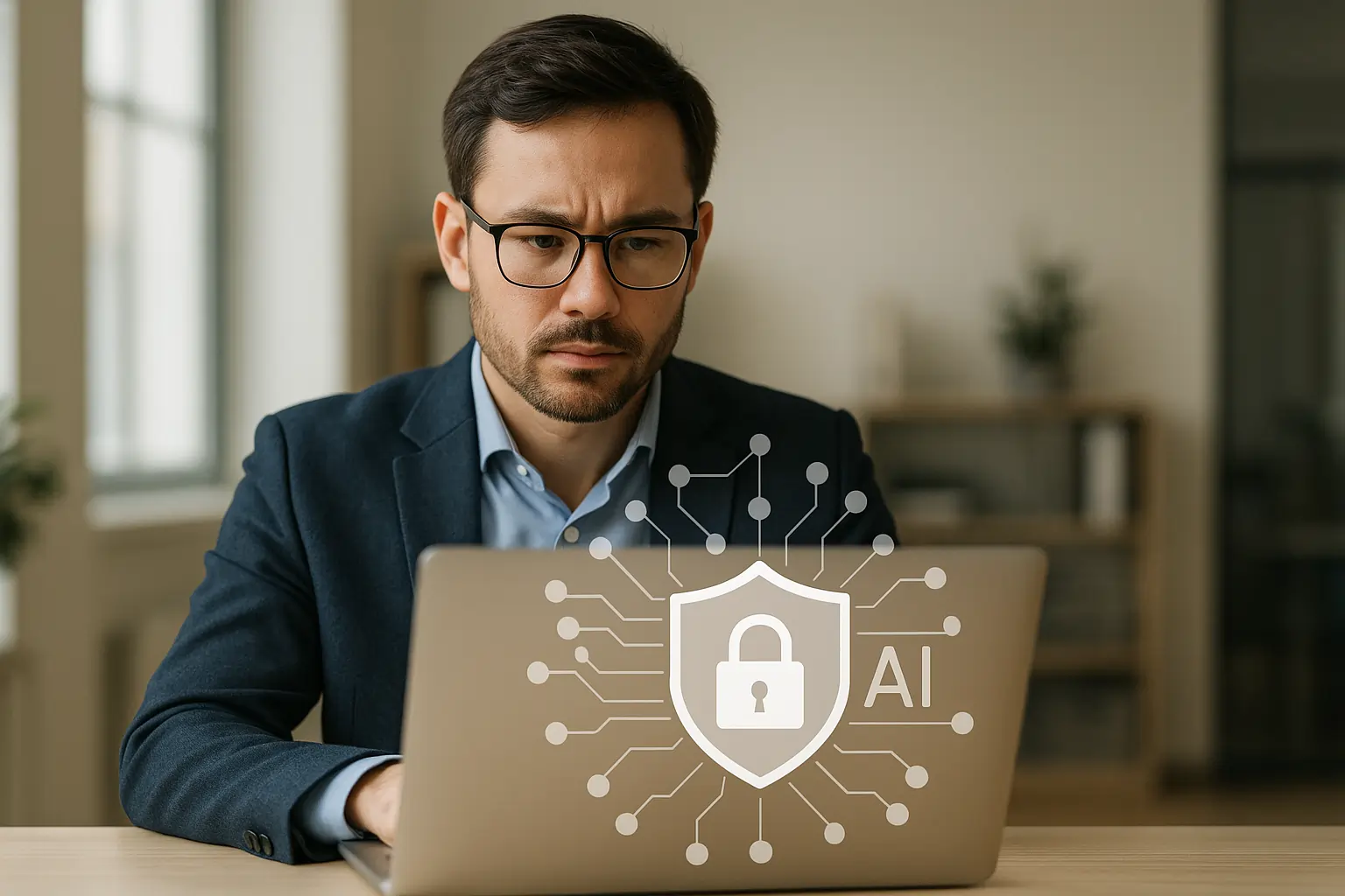 Product manager verifying AI-generated content securely in a professional setting