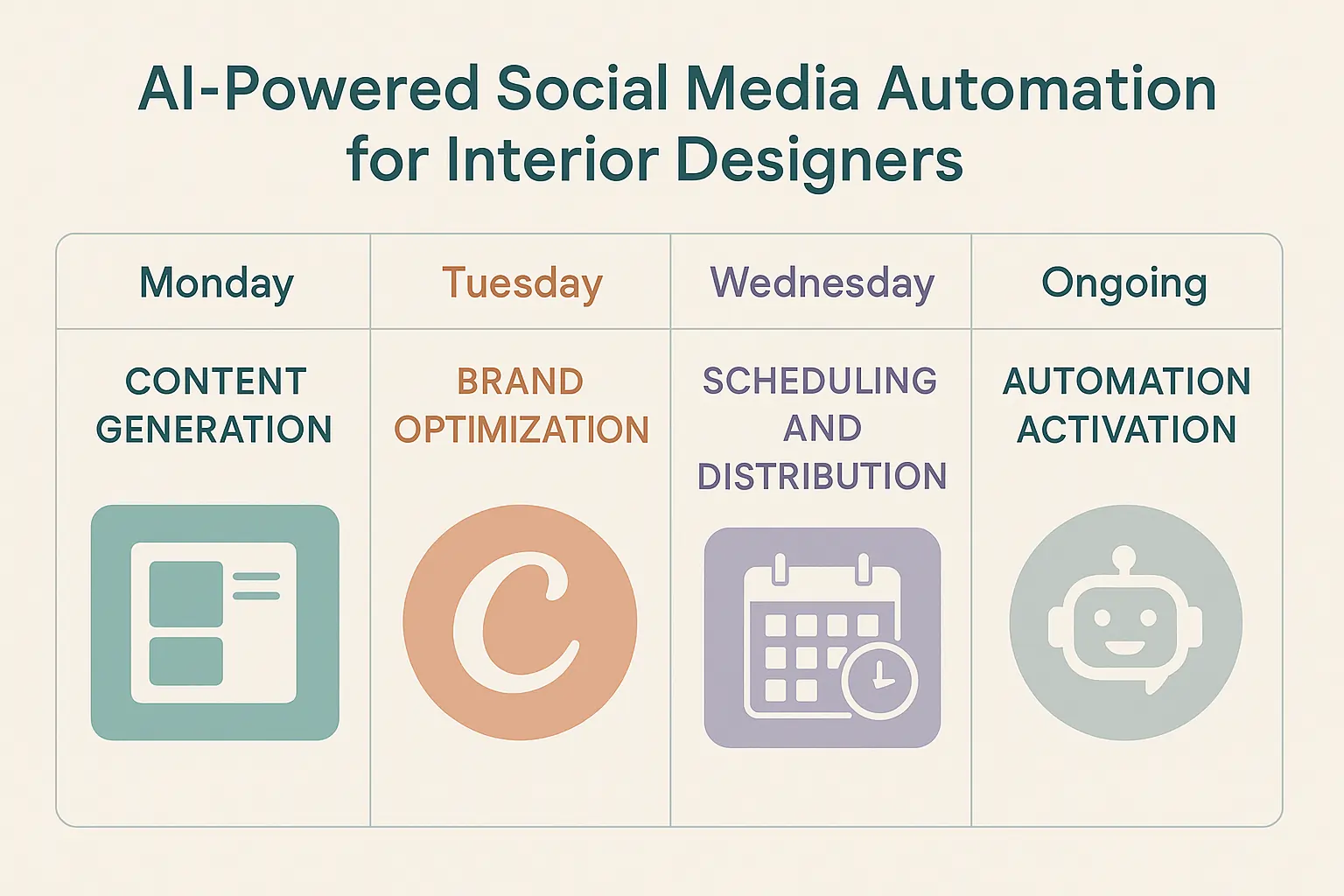 Weekly workflow calendar for AI-driven social media automation in interior design marketing