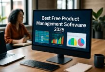 What’s the Best Free Product Management Software in 2025? Workspace with a monitor showing 'Best Free Product Management Software 2025' and colorful data visuals.