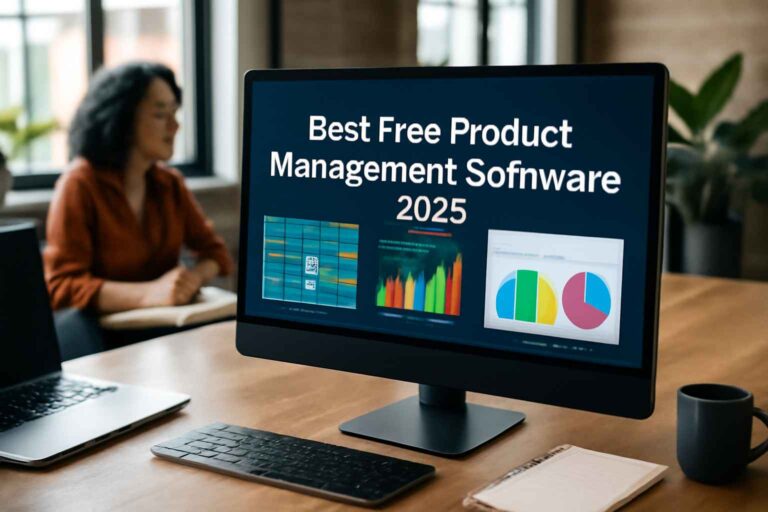 Workspace with a monitor showing 'Best Free Product Management Software 2025' and colorful data visuals.
