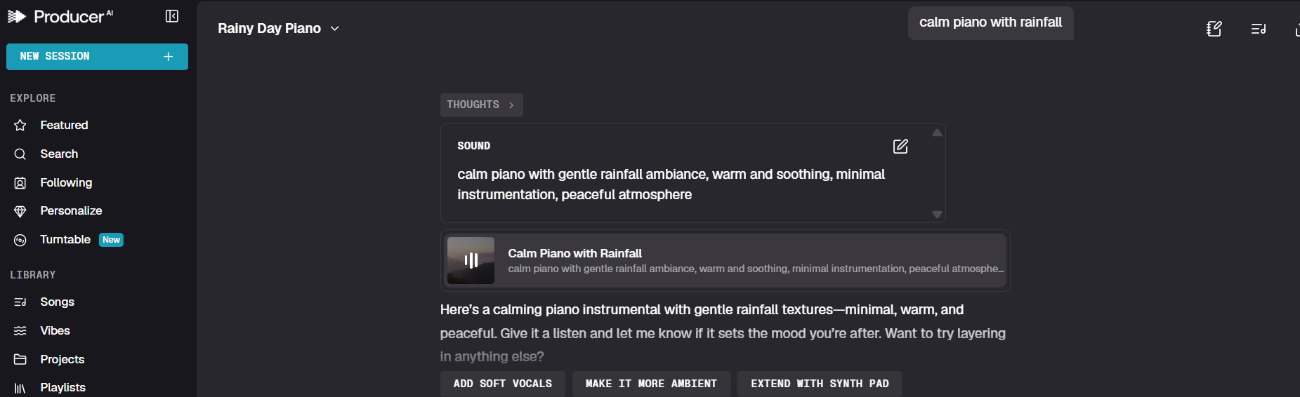 Screenshot of ProducerAI showing a user inputting the text prompt "calm piano with gentle rainfall" to generate a calming music track with rainfall sounds.