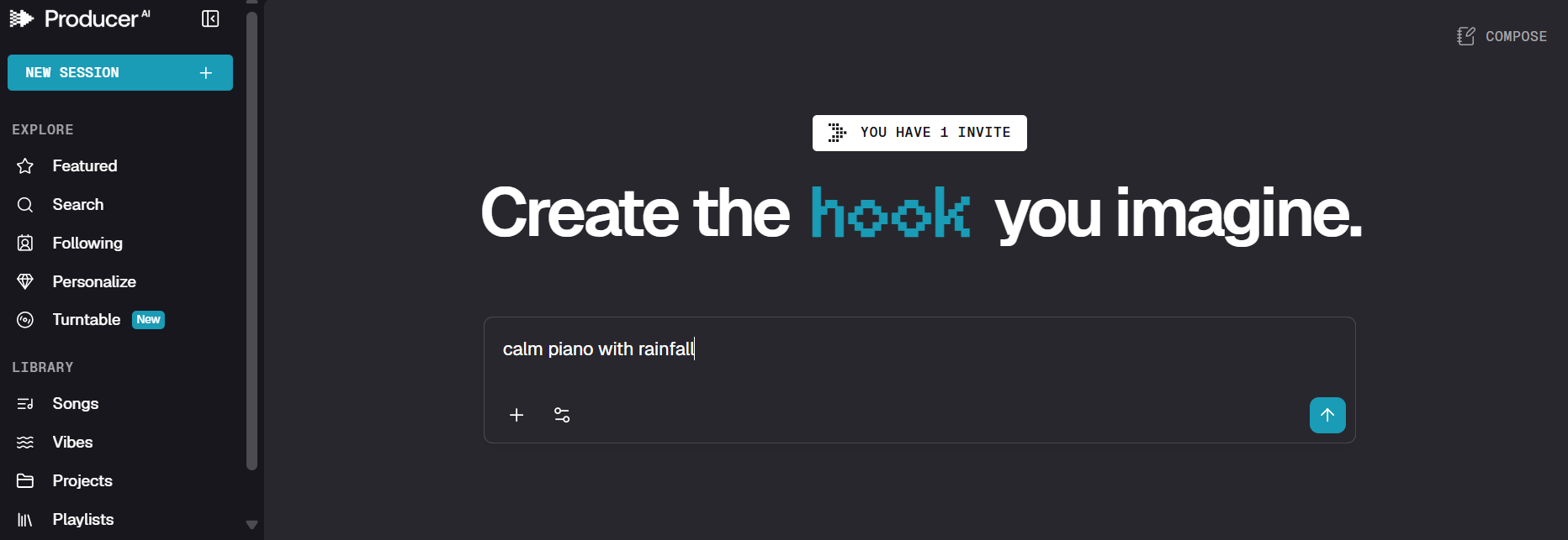Screenshot of ProducerAI showing a user typing the prompt "calm piano with rainfall" to create a music hook for a peaceful track.