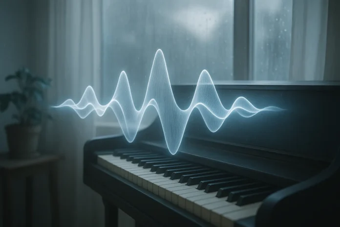 serene-soundwave-symphony-ai-music-generation AI-generated soundwave emerging from a piano, representing the calming music creation process.