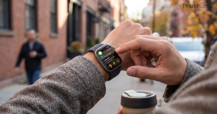 Person using Apple Watch for notifications and fitness tracking in a modern lifestyle setting with realistic smartwatch interface and clean workspace background.