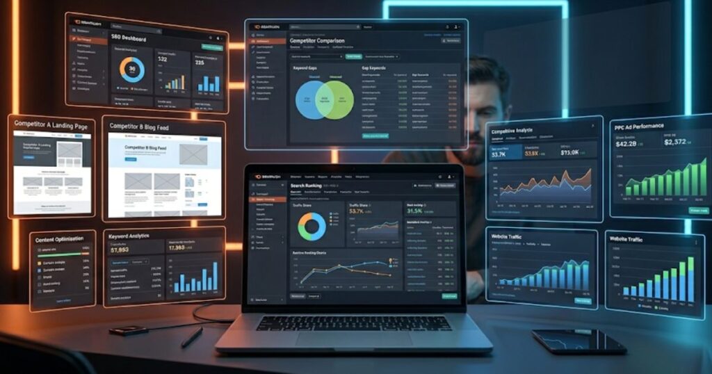 Digital marketer analyzing SEO competitor research dashboards with keyword gaps, traffic analytics, backlink data, and ranking comparison charts on multiple modern screens.