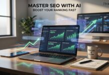 How Clearscope Helped Me Finally Stop Guessing What Google Wants Pinterest-style graphic showing an SEO content optimization dashboard with ranking growth charts, keyword analysis, and AI-powered content scoring representing whether Clearscope helps articles rank faster on Google.