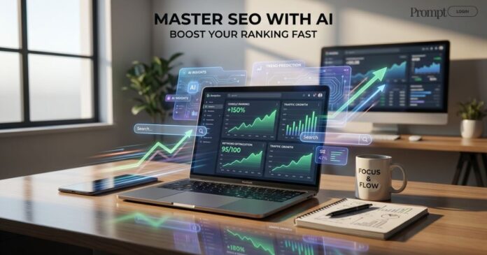 Pinterest-style graphic showing an SEO content optimization dashboard with ranking growth charts, keyword analysis, and AI-powered content scoring representing whether Clearscope helps articles rank faster on Google.