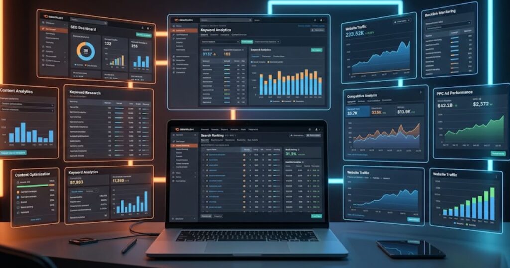 Semrush SEO dashboard showing keyword research, traffic analytics, competitor analysis, backlink tracking, and digital marketing tools on a modern workspace screen.