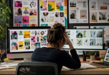 Why Millions of Creators Use Canva Every Day Professional designer reviewing cluttered Canva designs with overcrowded templates, inconsistent branding, and poor design choices compared to clean, modern graphics in a creative workspace.
