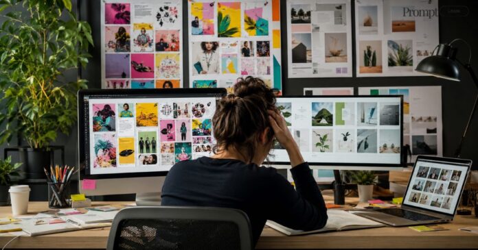 Professional designer reviewing cluttered Canva designs with overcrowded templates, inconsistent branding, and poor design choices compared to clean, modern graphics in a creative workspace.