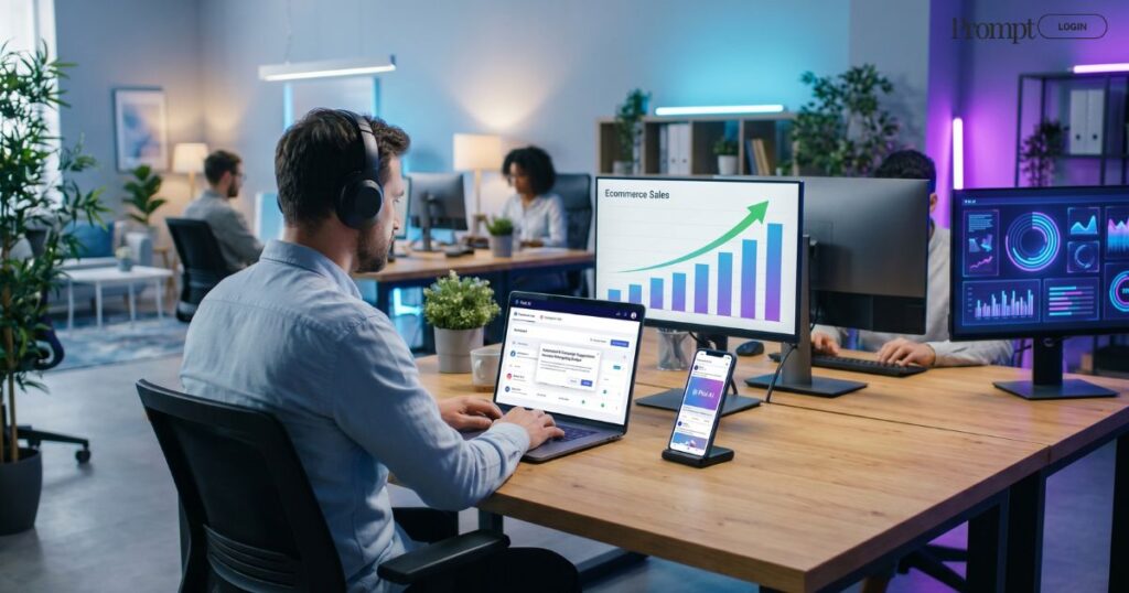 Business owner using Plai AI marketing software to manage social media advertising campaigns and track ecommerce growth analytics on a laptop.