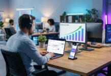 How Plai Helps Businesses Create Better Ads Faster Business owner using Plai AI marketing software to manage social media advertising campaigns and track ecommerce growth analytics on a laptop.