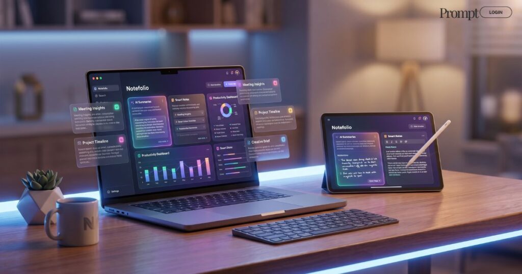 Futuristic AI productivity workspace featuring Notefolio smart note-taking app on a laptop and tablet with organized digital notes, glowing dashboards, and modern desk setup.