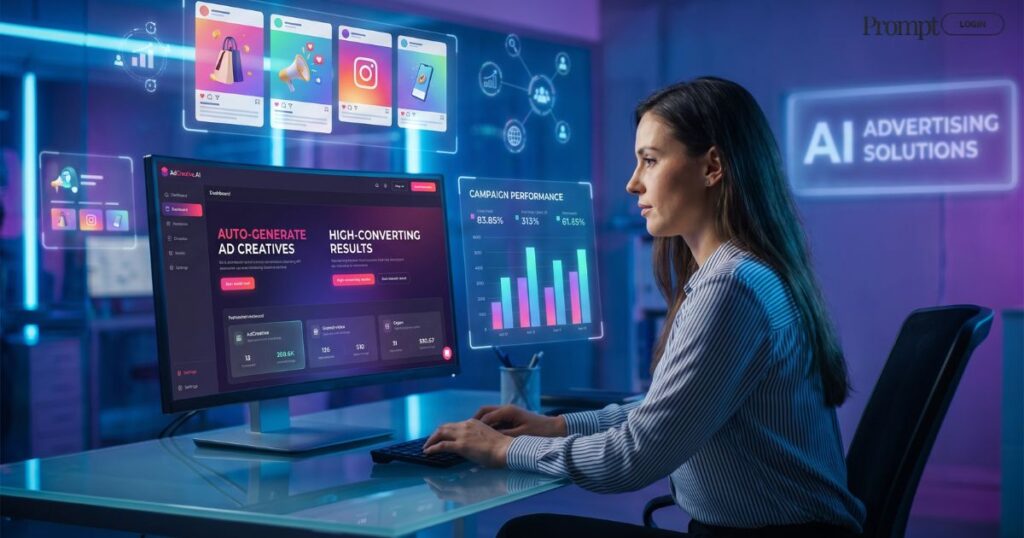 AI-powered AdCreative.AI dashboard generating digital marketing ad creatives and social media advertisements on a futuristic workspace setup