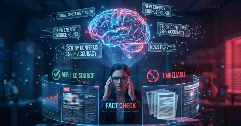 LongShot AI factual accuracy concept showing an AI-generated content system with glitching facts, digital misinformation, and SEO-focused content verification visuals.