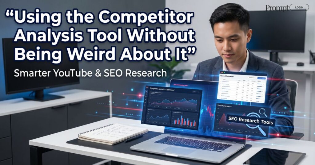 Digital marketer using a competitor analysis dashboard with SEO charts, keyword research tools, and YouTube analytics on a laptop screen.