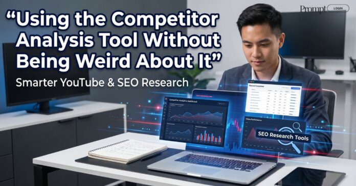 Digital marketer using a competitor analysis dashboard with SEO charts, keyword research tools, and YouTube analytics on a laptop screen.
