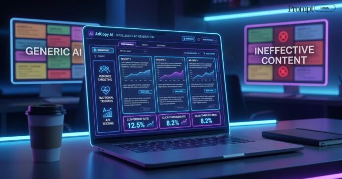 Futuristic AI advertising platform showing AdCopy generating high-converting ad campaigns with analytics dashboards and marketing performance metrics.