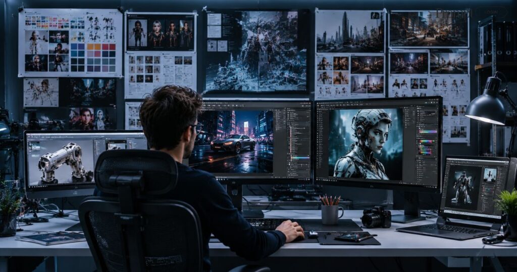 Professional designer working on advanced graphic design projects involving complex photo editing, vector illustration, and creative workflows that go beyond Canva's capabilities in a modern digital studio.