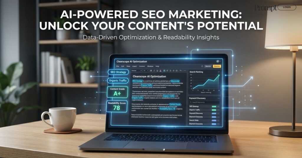 Pinterest graphic showing an AI-powered SEO content optimization dashboard on a laptop with keyword analysis, readability scoring, and modern workspace aesthetic representing what Clearscope actually does for content creators and bloggers.