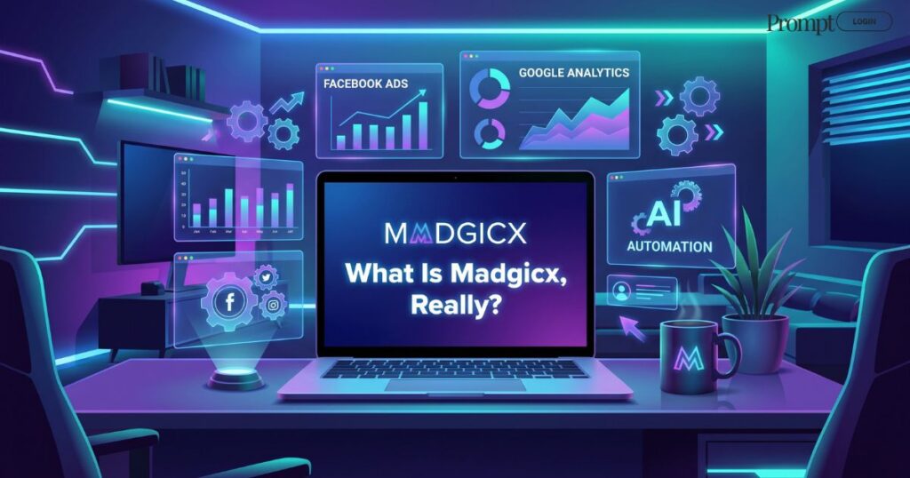 Madgicx AI advertising platform dashboard with digital marketing analytics and automated ad optimization tools displayed on a modern workspace setup.