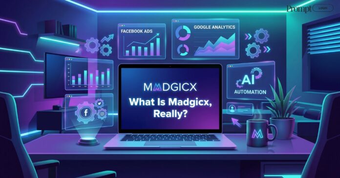 Madgicx AI advertising platform dashboard with digital marketing analytics and automated ad optimization tools displayed on a modern workspace setup.