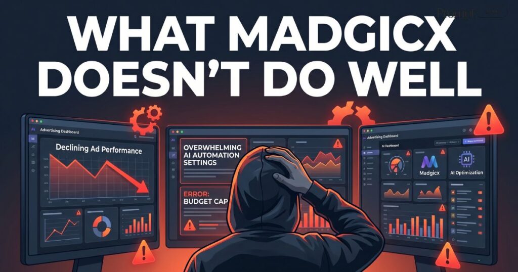 Madgicx advertising dashboard with confused marketer, declining analytics charts, and AI marketing automation limitations displayed in a modern digital workspace.